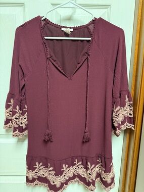 Forever 21 Plum Tunic with Cream Embroidered Hem and Tassels